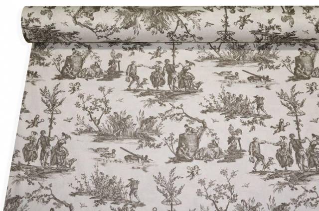 Vendita on line tessuto panama puro cotone toile de jouy beige disegno grande - cotoni de jouy