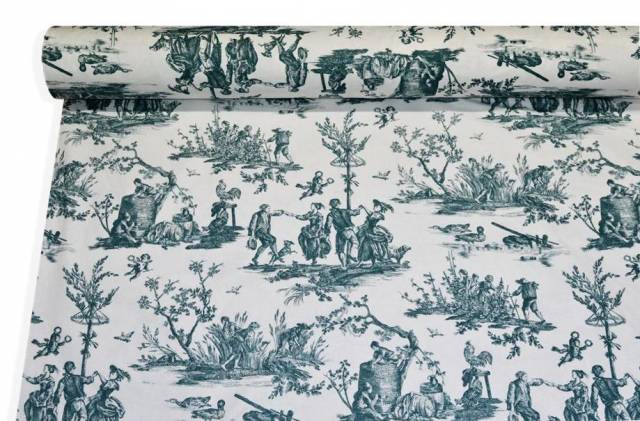 Vendita on line tessuto panama puro cotone toile de jouy blu disegno grande - cotoni fantasie doppia altezza