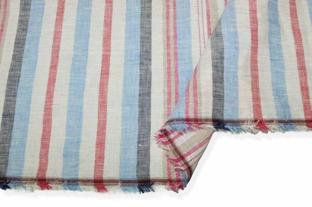 Vendita on line tessuto puro lino fantasia rigata rossa blu - tessuti abbigliamento
