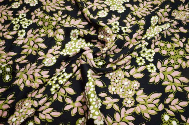 Vendita on line tessuto pura viscosa fiore verde fondo nero - tessuti abbigliamento