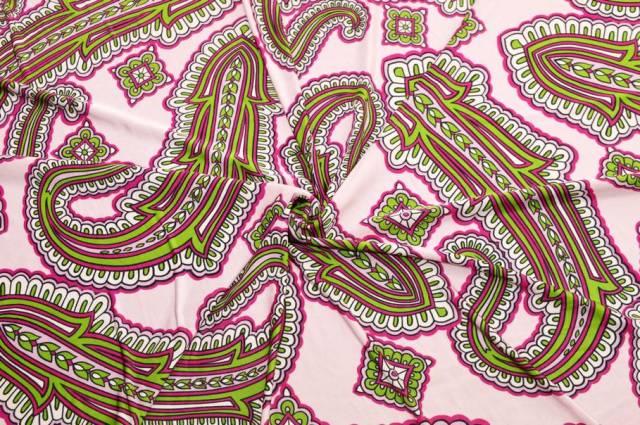 Vendita on line tessuto maglina viscosa disegno cashmere verde rosa - tessuti abbigliamento viscosa fantasia