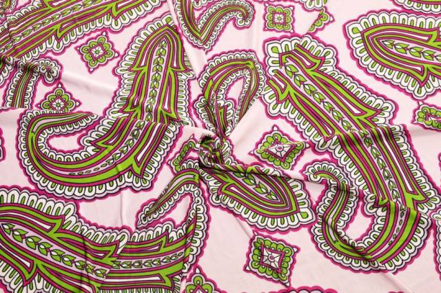 Vendita on line tessuto maglina viscosa disegno cashmere verde rosa - tessuti abbigliamento