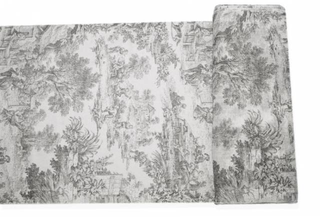 Vendita on line tessuto tendino fantasia toile de jouy grigio - tessuti per tendine metraggio a vetro larghezza cm 60