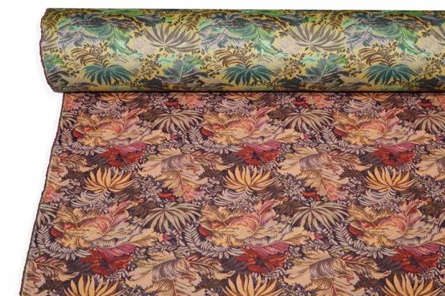 Vendita on line tessuto broccato stretch fantasia tropicale colori caldi - tessuti abbigliamento