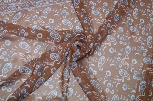 Vendita on line tessuto chiffon pura seta fantasia cashmere fondo marrone - tessuti abbigliamento