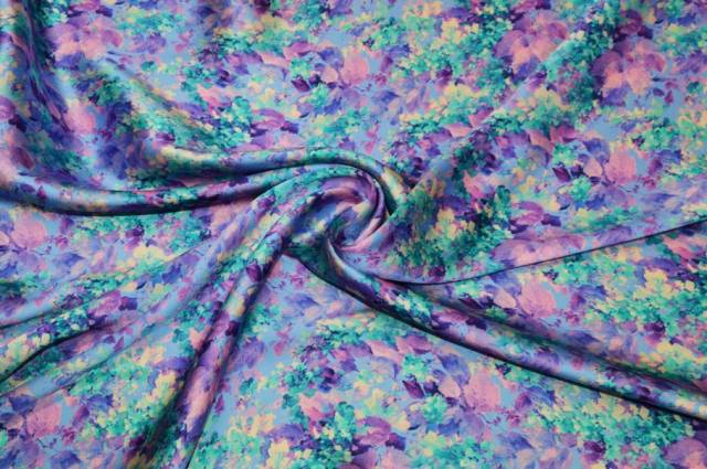 Vendita on line tessuto rasatello in viscosa e seta fantasia fiori viola - tessuti abbigliamento taffetas / rasi / shantung