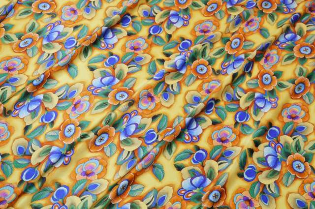 Vendita on line tessuto raso pura seta fantasia floreale fiore giallo - tessuti abbigliamento taffetas / rasi / shantung