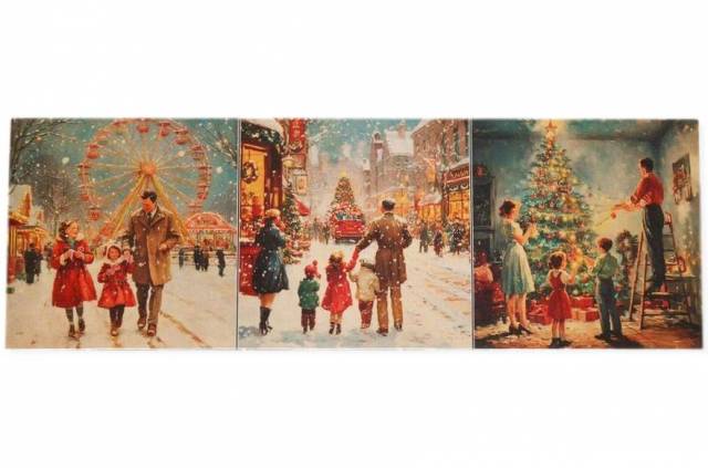 Vendita on line set 3 pannelli natale paesaggio disegno 1 misura cm 47x47 - ispirazioni tessuti natalizi gobelin