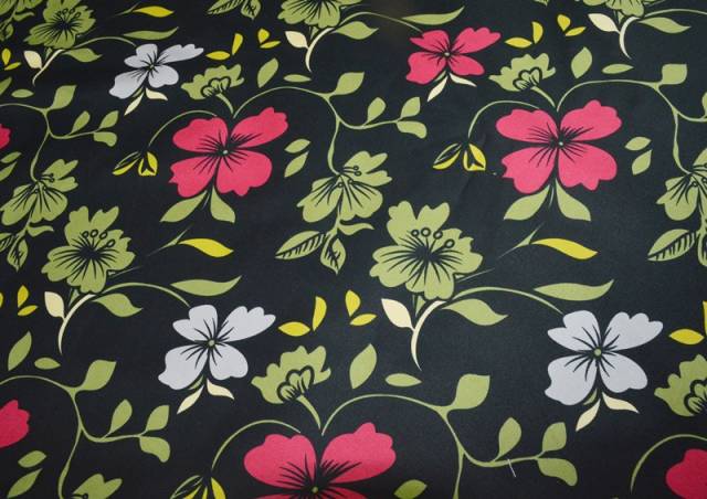 Vendita on line tessuto rasatello fantasia floreale fondo nero - tessuti abbigliamento taffetas / rasi / shantung raso