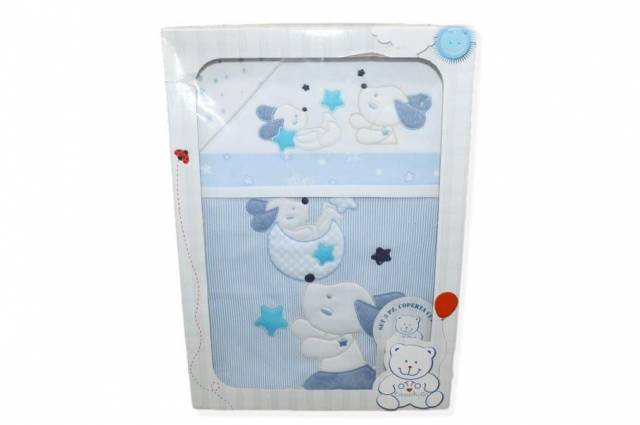 Vendita on line set 3 pezzi coperta culla disegno cagnolino azzurro - biancheria per la casa