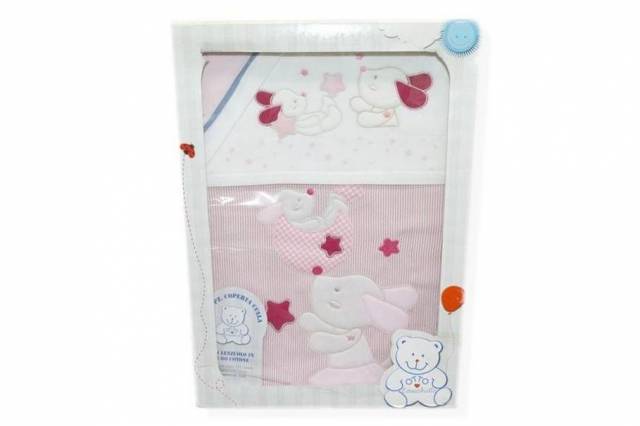 Vendita on line set 3 pezzi coperta culla disegno cagnolino rosa fascia bianca - biancheria per la casa