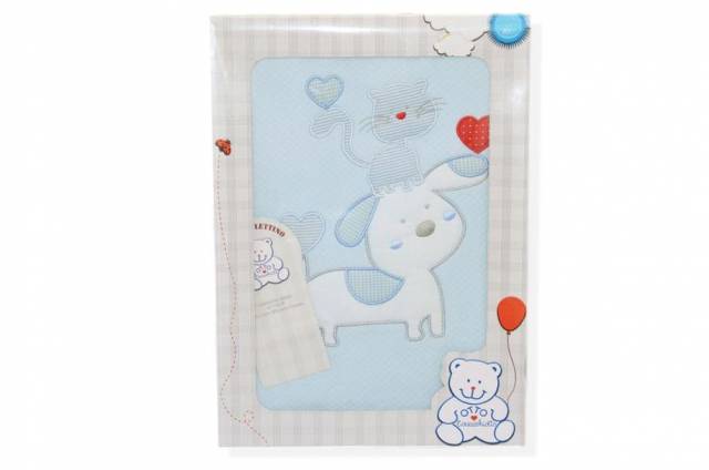 Vendita on line coperta lettino in jersey doppiato puro cotone disegno cane e gatto azzurro - biancheria per la casa