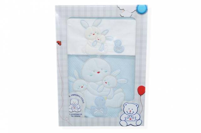 Vendita on line set 3 pezzi coperta culla disegno coniglietti azzurro - biancheria per la casa