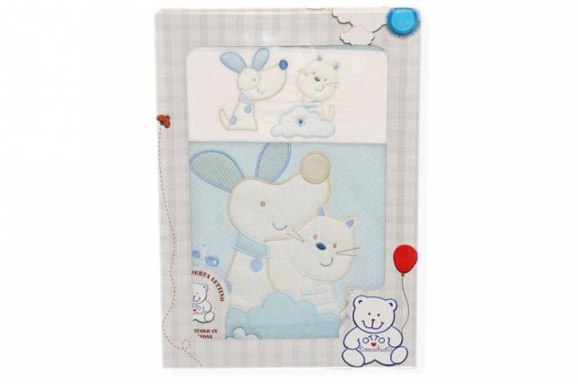 Vendita on line set 3 pezzi coperta lettino disegno cane e gatto azzurro - biancheria per la casa