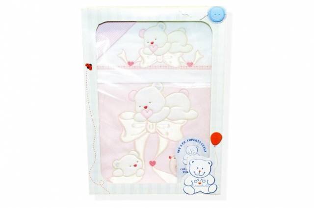 Vendita on line set 3 pezzi coperta culla disegno fiocco rosa - biancheria per la casa