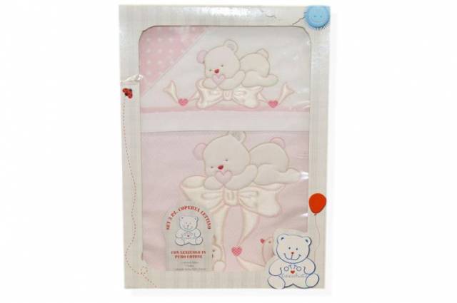 Vendita on line set 3 pezzi coperta lettino disegno fiocco rosa - biancheria per la casa
