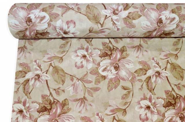Vendita on line tessuto arredo fantasia magnolia rosa fondo beige - cotoni fantasie e frutti