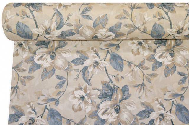 Vendita on line tessuto arredo fantasia magnolia azzurra fondo beige - cotoni fantasie e frutti