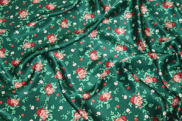 Vendita on line tessuto raso pura seta fiore rosso fondo smeraldo - tessuti abbigliamento sete