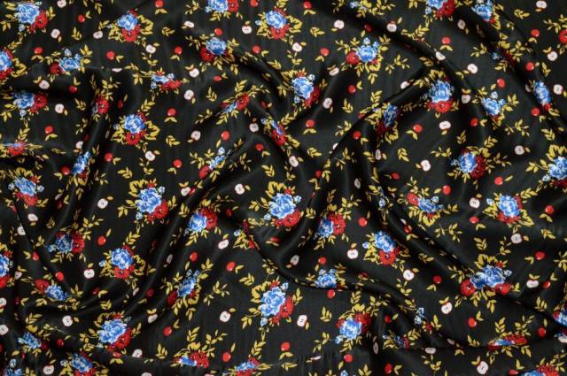 Vendita on line tessuto raso pura seta fiore azzurro fondo nero - tessuti abbigliamento sete