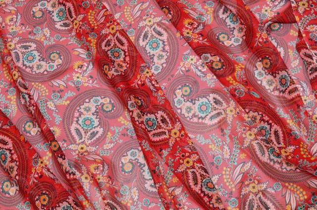 Vendita on line tessuto georgette pura seta disegno cashmere rosso - tessuti abbigliamento sete