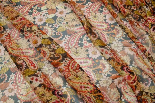 Vendita on line tessuto chiffon pura seta floreale colori caldi - tessuti abbigliamento sete