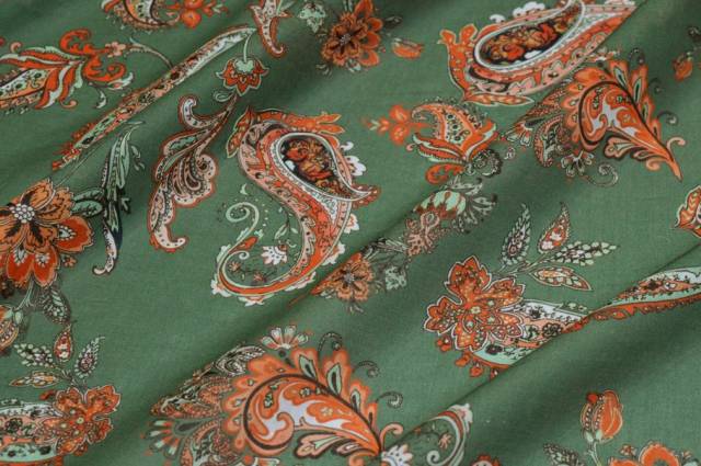 Vendita on line tessuto batista puro cotone disegno cashmere arancio e verde - tessuti abbigliamento camiceria