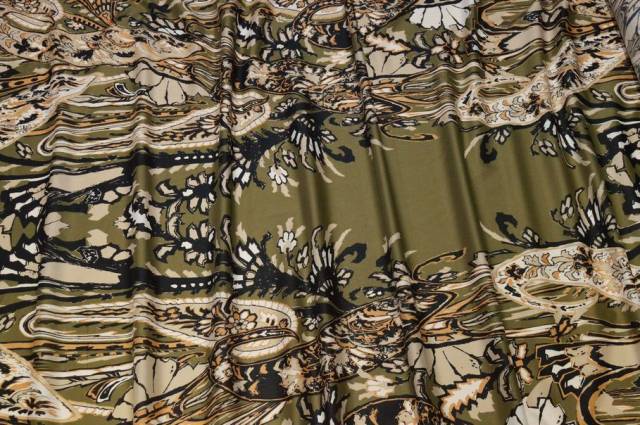 Vendita on line tessuto mussola puro cotone fantasia beige fondo verde - tessuti abbigliamento camiceria