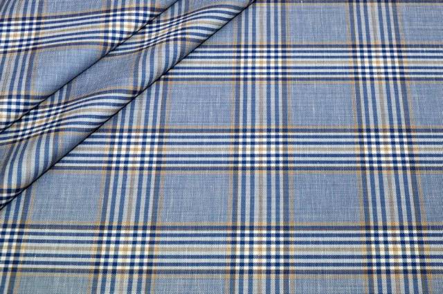 Vendita on line tessuto misto lana lino scacco azzurro riga beige - occasioni e scampoli lane e cashmere