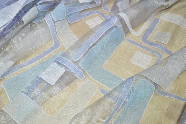 Vendita on line tessuto tenda organza devoreh fantasia geometrica azzurra - tessuti per a metraggio moderne