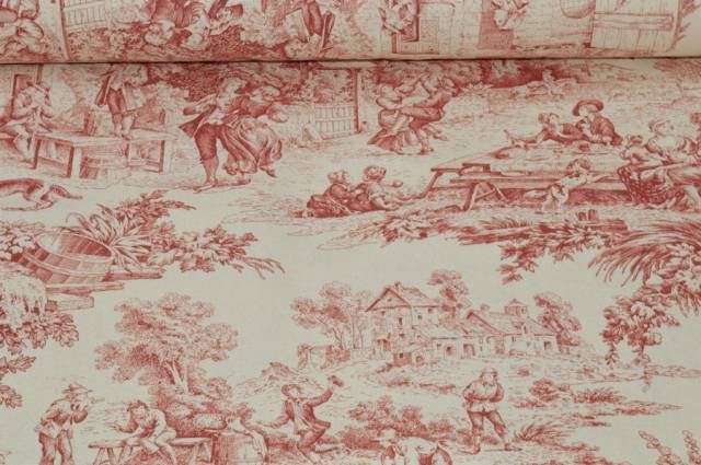 Vendita on line tessuto cotone panama toile de jouy rosso - tessuti arredo casa fantasie altezza