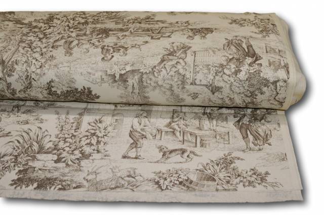 Vendita on line tessuto cotone panama toile de jouy beige - cotoni fantasie doppia altezza