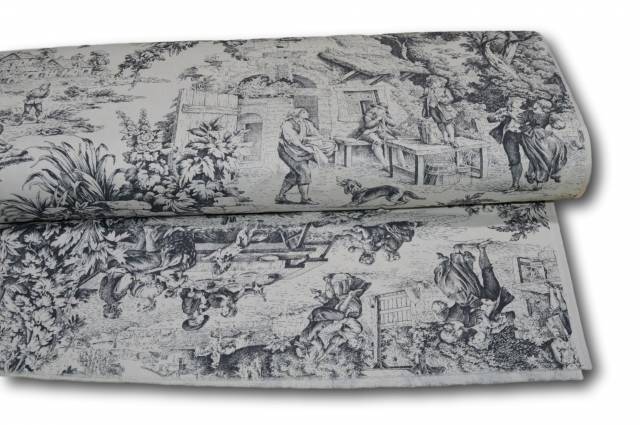 Vendita on line tessuto cotone panama toile de jouy grigio - tessuti arredo casa fantasie altezza