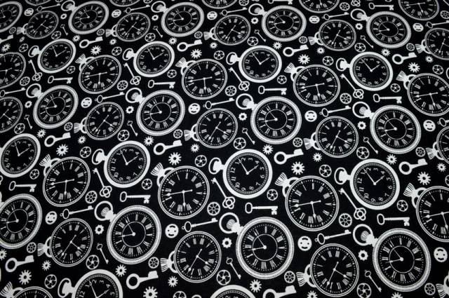 Vendita on line tessuto puro cotone fantasia clocks nero - cotoni fantasie cucito creativo