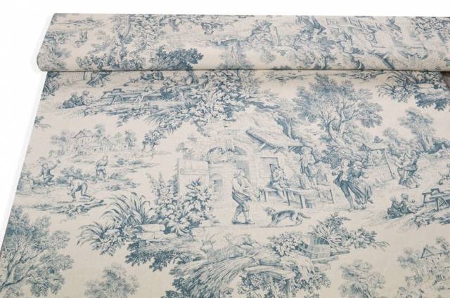 Vendita on line tessuto cotone panama toile de jouy azzurro - tessuti arredo casa fantasie altezza