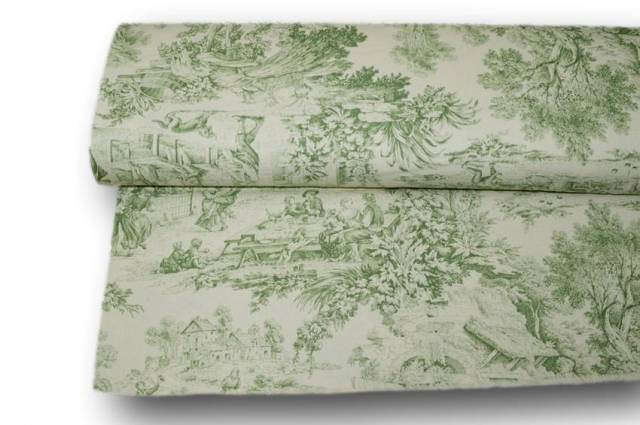 Vendita on line tessuto cotone panama toile de jouy verde - tessuti arredo casa fantasie altezza