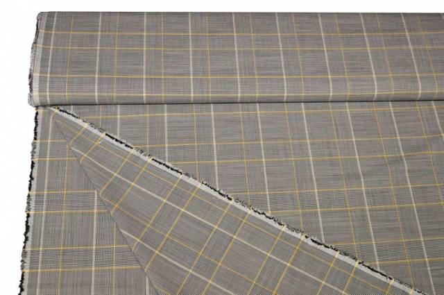 Vendita on line tessuto pettinato principe di galles grigio riga gialla - tessuti abbigliamento scacchi e scozzesi lana