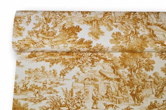 Vendita on line tessuto cotone panama toile de jouy senape - cotoni fantasie doppia altezza