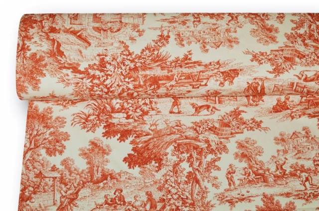 Vendita on line tessuto cotone panama toile de jouy mattone - cotoni fantasie doppia altezza