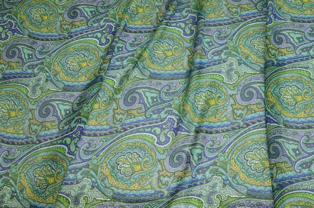 Vendita on line tessuto crepe de chine pura viscosa disegno cashmere blu verde - tessuti abbigliamento