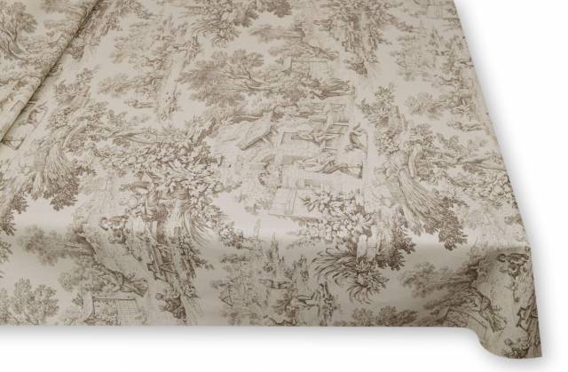 Vendita on line tessuto antimacchia puro cotone toile de jouy beige - tessuti arredo casa per tovaglie per antimacchia