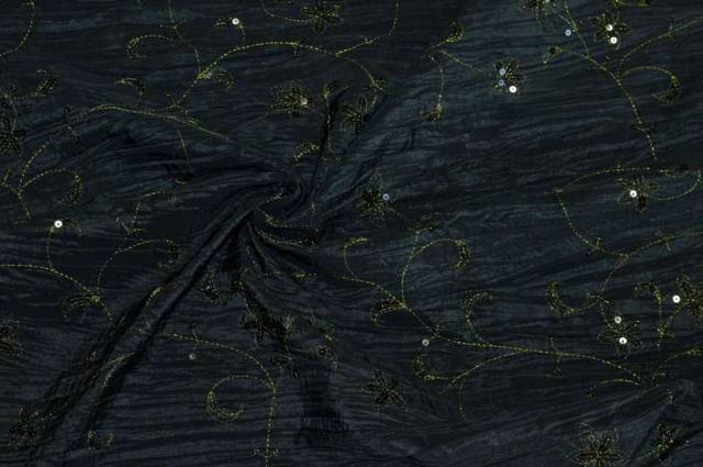 Vendita on line tessuto taffetas nero ricamo floreale dorato - tessuti abbigliamento poliestere fantasia