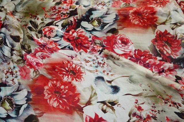 Vendita on line tessuto chiffon pura seta fantasia floreale rossa - tessuti abbigliamento