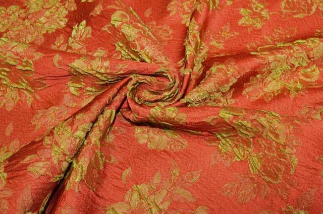 Vendita on line tessuto broccato fantasia floreale arancio verde - tessuti abbigliamento poliestere 