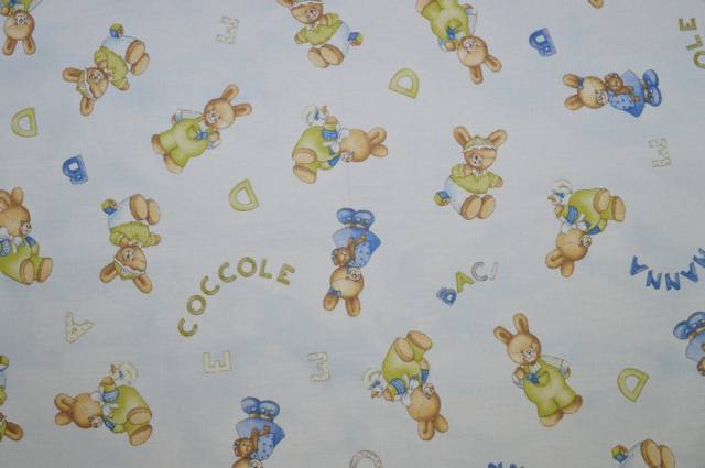 Vendita on line tessuto cotone coccole celeste - ispirazioni neonati e bambini fantasie doppia altezza