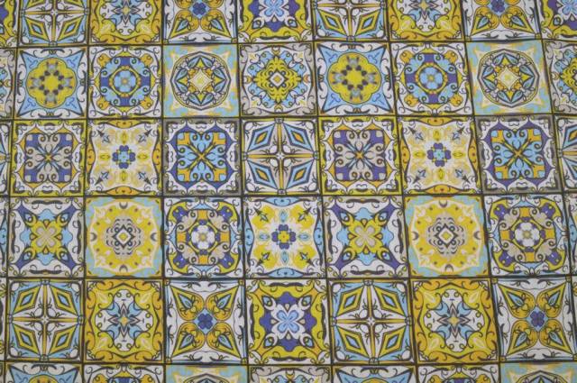 Vendita on line tessuto cotone arredo mosaico giallo/azzurro - tessuti arredo casa