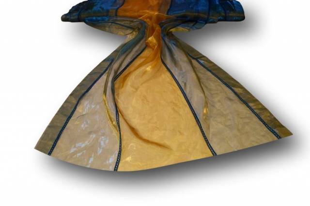 Vendita on line tessuto organza bicolor oro/blu - tessuti per tendine metraggio a vetro