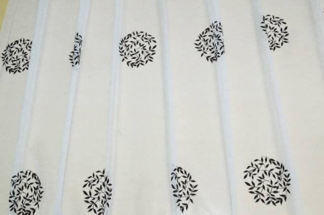 Vendita on line tessuto tenda fondo bianco effetto lino con ricamo color wenge - tessuti per a metraggio classiche