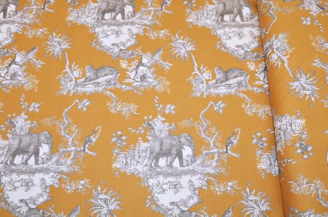 Vendita on line tessuto panama puro cotone toile de jouy giallo disegno giungla - tessuti arredo casa fantasie altezza