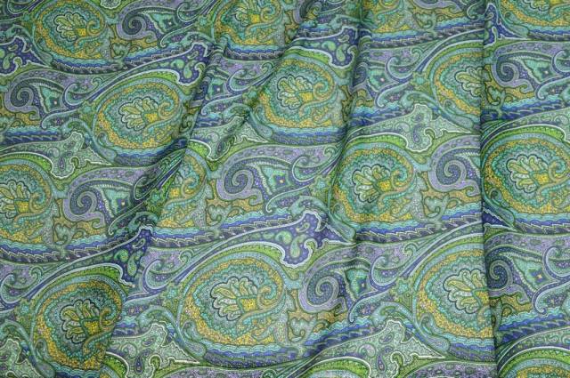 Vendita on line tessuto crepe de chine pura viscosa disegno cashmere blu verde - tessuti abbigliamento viscosa